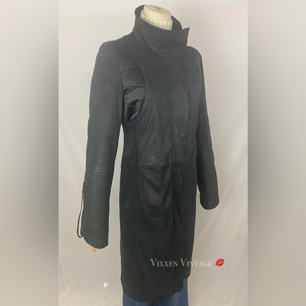 VINTAGE COSTUME NATIONAL COUTURE STEAMPUNK LONG LEATHER TRENCH COAT IN BLACK